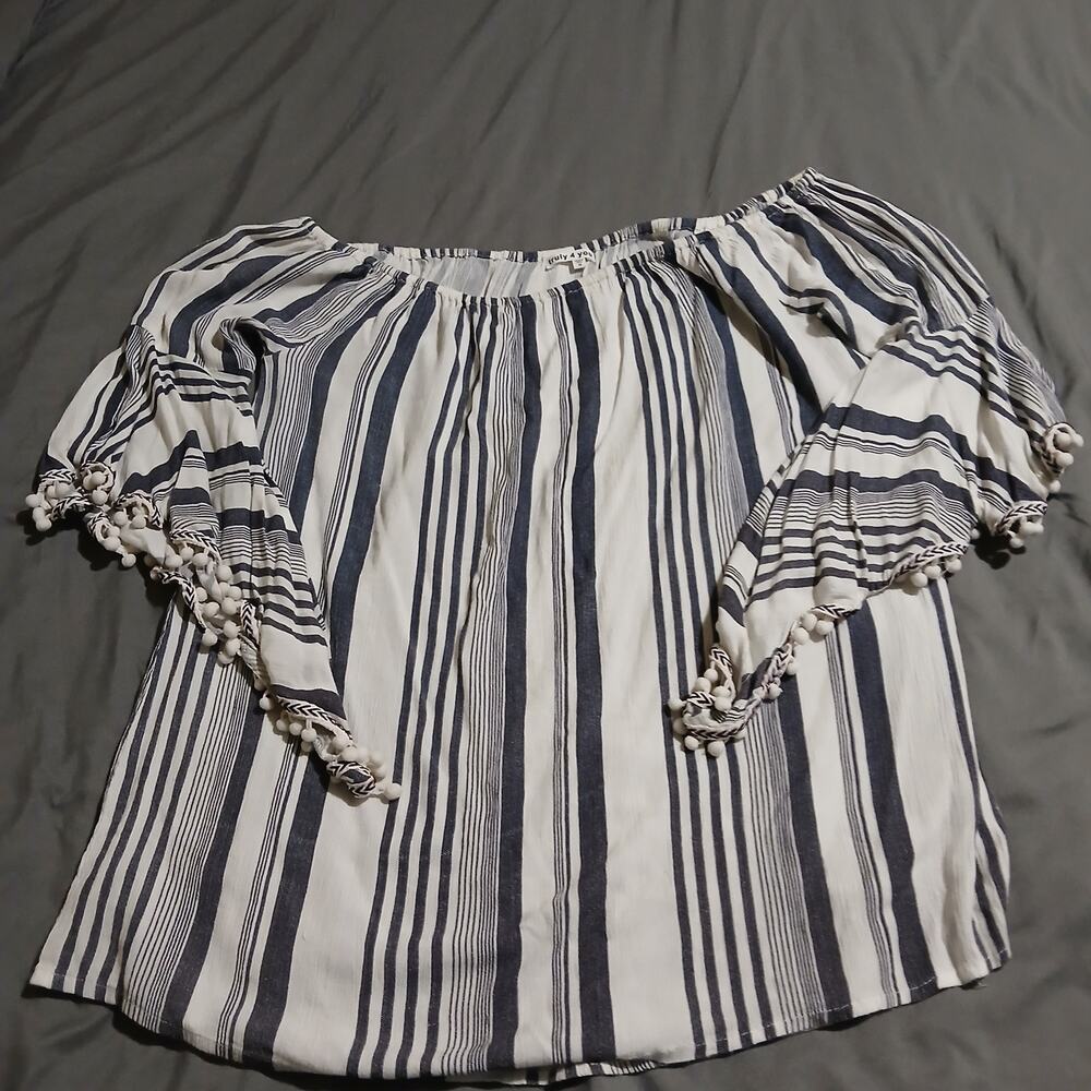 Truly 4 You  Boho Med Navy/White Tunic Pompom Butterfly-Sleeves Vertical Stripe
